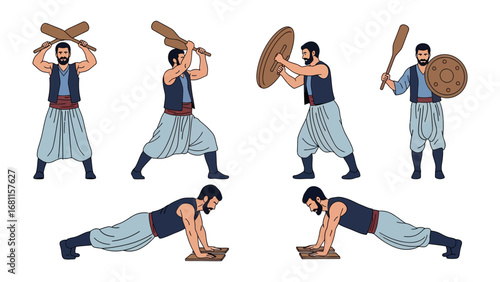 Combat Readiness Illustration: A stylized illustration of a man, showcasing a range of combat poses with a wooden club and shield, ready for action and strength training.