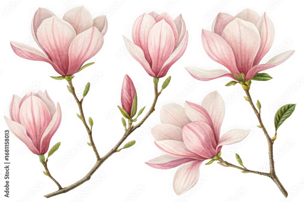 Obraz premium Delicate pink magnolia blossoms on branches botanical art for spring floral decor transparent background