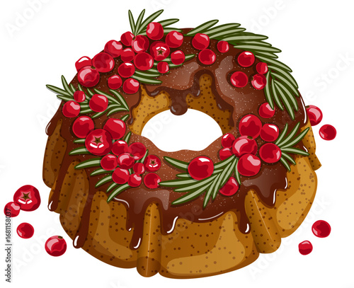 Christmas Bundt Cake with Chocolate Glaze, Cranberries, and Rosemary Decoration – Festive Holiday Dessert Illustration