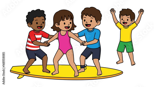 Youthful Spirit on the Waves: A quartet of children, with varying skin tones, exude unadulterated joy, joining hands to conquer the waves and ride the surfboard.