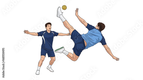  Dynamic Sepak Takraw Action: A stylized illustration captures the energy of a sepak takraw match, with two players engaged in a dynamic display of skill, strength, and agility. 