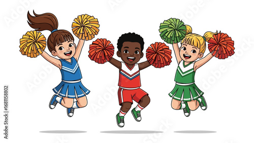 Enthusiastic Cheerleaders: Three spirited cheerleaders, brimming with vibrant energy, leap into the air, their colorful pom-poms aloft, capturing the essence of youthful exuberance and team spirit.