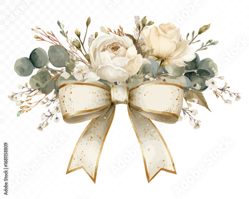 Elegant golden watercolor bow with white flower and eucalyptus greenery, festive floral clipart for weddings, Christmas decorations, holiday wrapping, and seasonal invitations. Vector illustration.