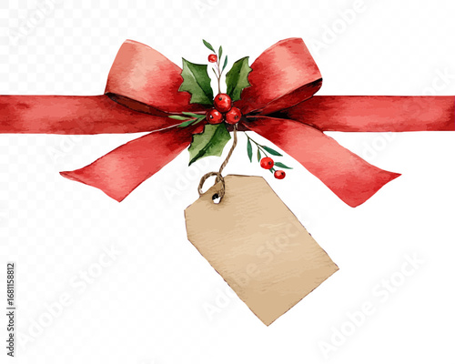 Bright red watercolor bow with holly berries and kraft paper tag, festive Christmas ribbon clipart for seasonal wrapping, holiday decorations, and winter invitations. Vector illustration.