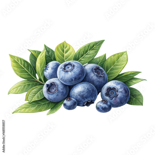 Watercolor illustration of blueberries with green leaves on a black background close up view