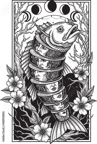Stacked fish with moon phases in gothic vintage spiritual tattoo style drawing
