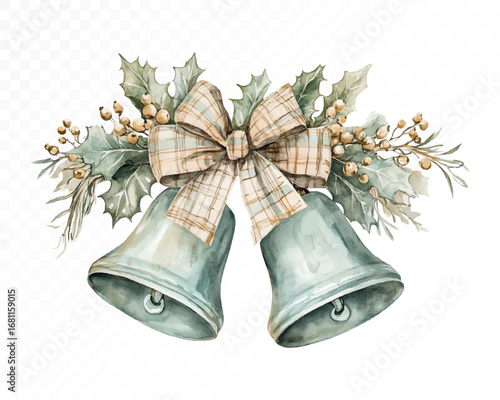 Vintage watercolor bow with rustic plaid ribbon and silver bells, Christmas holiday clipart for festive decor, wrapping, winter invitations, and seasonal designs. Vector illustration.