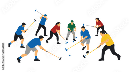 Hockey Players in Action: Dynamic illustration capturing the thrill of a field hockey match, featuring players in vibrant attire, skillfully maneuvering the ball with their sticks. Focus on speed.