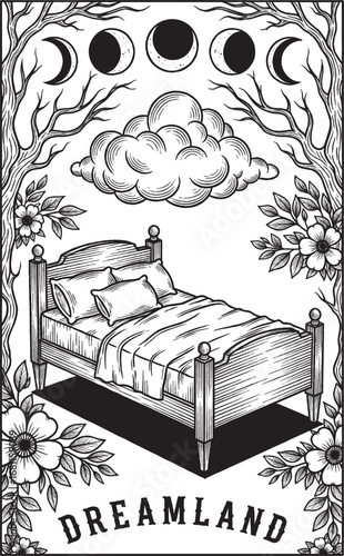 Vintage Surreal Black and White Illustration of Bed in the Clouds with Phases of the Moon