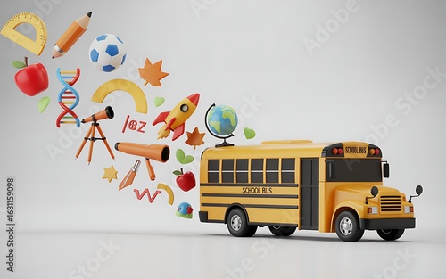 Back to School A 3D Rendered School Bus with Educational Icons Floating Away in Bright Colors 