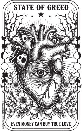 Surreal Eye and Heart with Money and Dice State of Greed Black White Vector Art