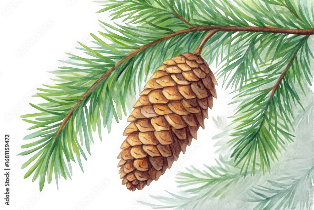 Obraz premium Watercolor pine cone on evergreen branch, botanical coniferous tree illustration, detailed forest nature element, festive winter holiday design asset