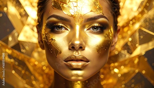 Close-up of a woman with gold paint on her face and neck.  Golden shards surround her