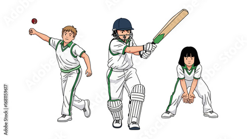 Cricket action illustration: dynamic illustration showcases the energy and skill of a cricketer. Featuring a bowler mid-throw, a batsman ready to hit, and a fielder poised for a catch.