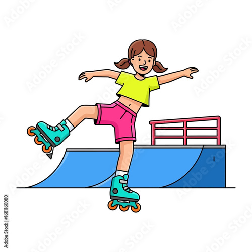 Roller Skating Fun: A dynamic illustration captures a young girl balancing gracefully on roller skates, ready to take on the skatepark challenges. This image represents motion and energy!