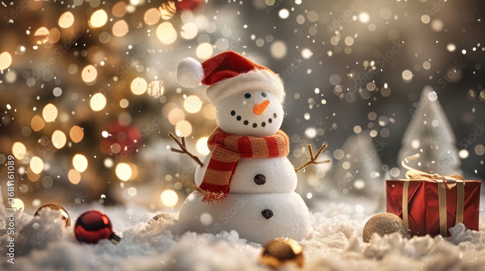 Fototapeta premium Charming snowman standing next to a beautifully decorated christmas tree in winter wonderland