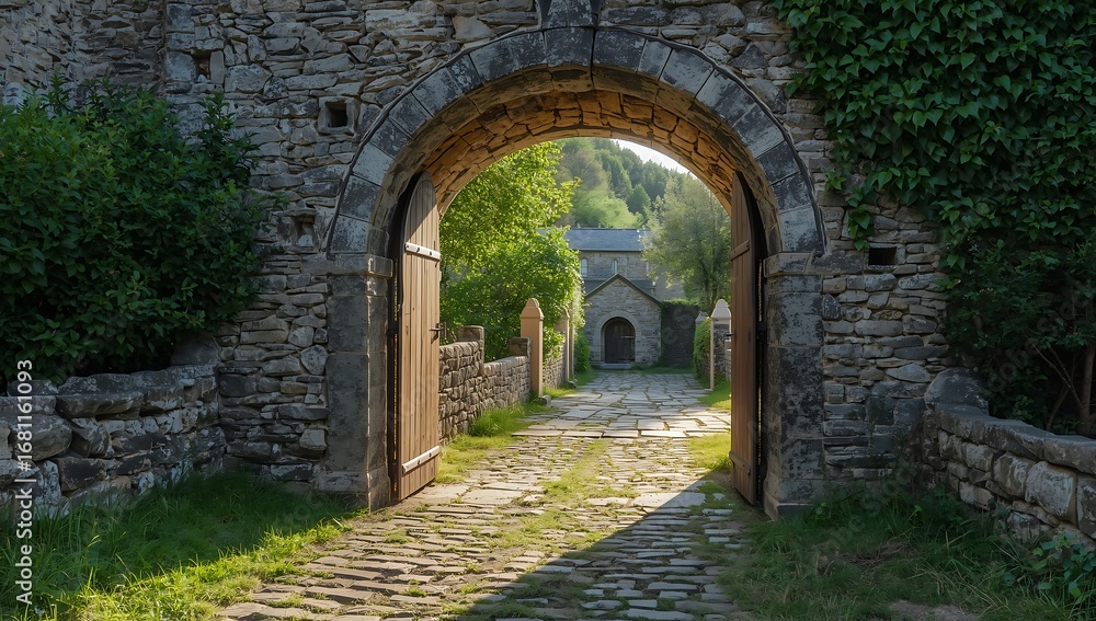 Fototapeta premium Stone archway reveals sunlit cobblestone path and greenery
