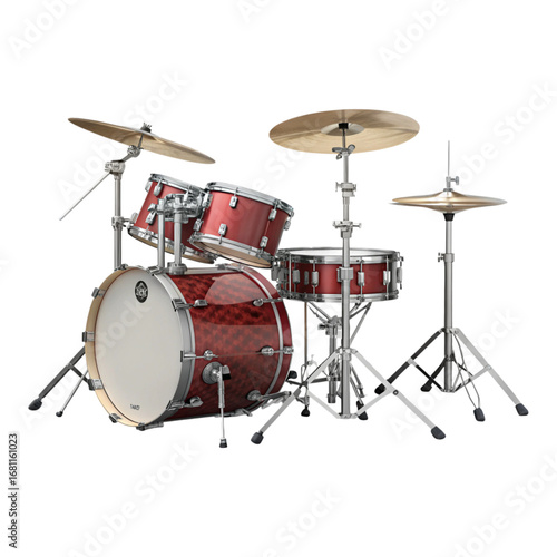 A maroon drum set with silver hardware and cymbals on a black background in a studio setting