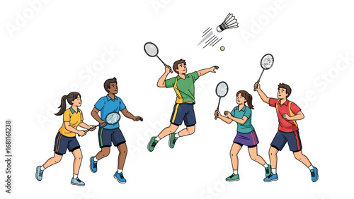 Badminton Match: A vibrant illustration captures the dynamic energy of a badminton match, with players poised in action, rackets ready, and shuttlecock in mid-air. The scene showcases athleticism.