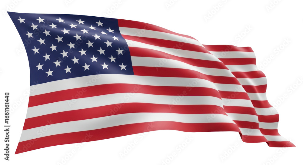 Obraz premium Dynamic Waving American Flag with Vibrant Stars and Stripes, Symbolizing Patriotism and Freedom, Isolated on Transparent Background. isolated on transparent background, png background