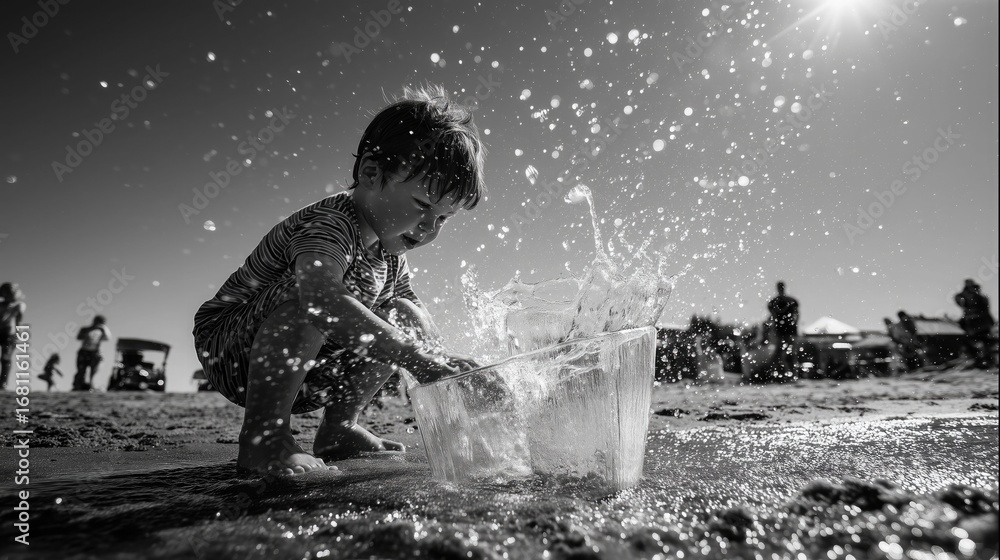 Obraz premium Joyful child playing with water splashing from bucket at sunny beach, enjoying summer fun with sparkling droplets and bright sunlight in black and white.