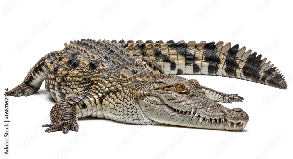 Naklejka premium A striking studio portrait showcases a formidable crocodile in meticulous detail, emphasizing its textured skin and predatory presence. A glimpse into the primal nature of the reptile.