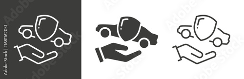 flat and linear set icons, car protection icon, care and security for the automobile, car with shield icon, logo auto insurance, simple symbols on white and black background - editable stroke vector i