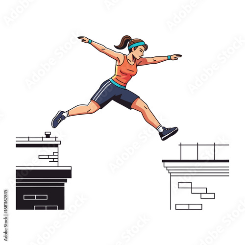 Dynamic Leap of parkour Athlete: Capturing the grace and athleticism of a female parkour athlete mid-air, demonstrating agility and strength in an urban environment.