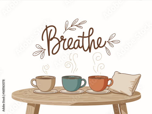 Calm and Relaxing Coffee Break Still Life Illustration with Breathe Lettering on Table with Pillow Creating Cozy Home Decor