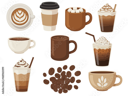 Assortment of Coffee Drinks and Coffee Beans Various Coffee Beverages including Latte Iced Coffee and Hot Chocolate