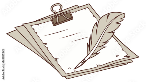 vintage clipboard quill pen writing supplies brown sepia illustration classic stationery isolated on white background.