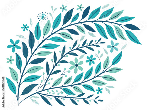 teal botanical leaves spray arrangement nature illustration decorative design elements isolated on white background.