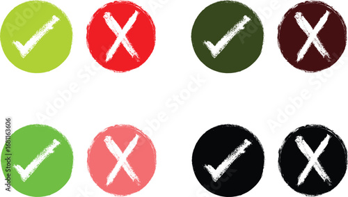 Set of 8 tick and cross icons in light green, red, dark shades, and black colours. Perfect for approval and rejection symbols.