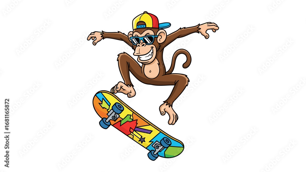 Fotografie Monkey on Skateboard: A playful monkey showcases its skateboarding skills, donning stylish shades and a cap, exuding joy and energy in a colorful display