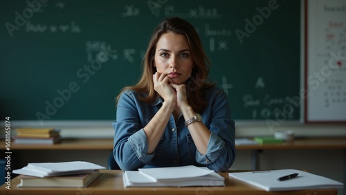 Thoughtful young woman sitting at desk in classroom with books and papers, student or teacher reflecting during study session, education learning knowledge and academic focus portrait