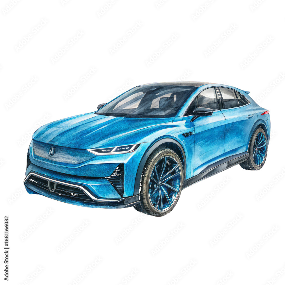 Fototapeta premium Watercolor futuristic blue electric vehicle design isolated on a transparent background image