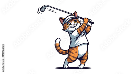Golfing Cat: An adorable feline character, clad in golf attire, joyfully swings a golf club, embodying the fun of the game.
