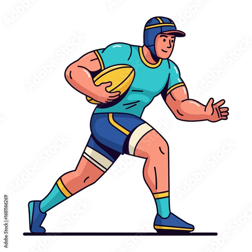Rugby Player in Action: A dynamic illustration of a rugby player in full stride, ball clutched tightly in hand, radiating energy and determination, exemplifying the spirit of the sport.