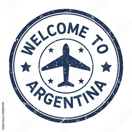 Distressed circular rubber stamp welcoming travelers to argentina featuring an airplane