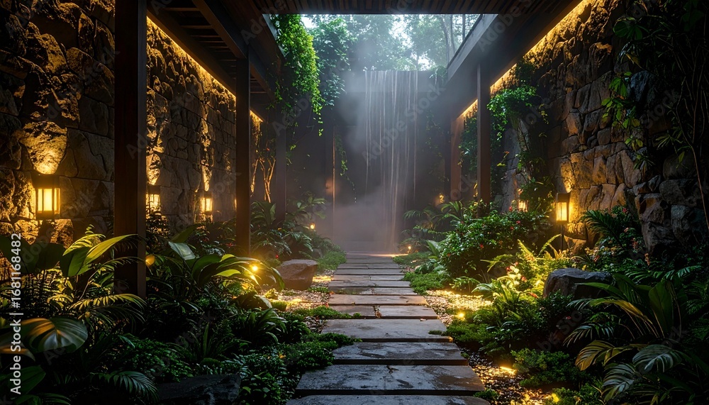 Obraz premium Enclosed garden atrium with misty air, natural stone walls, and glowing pathways enhancing immersive serenity