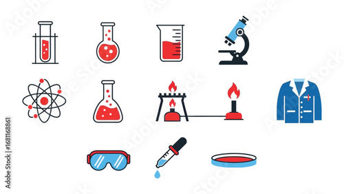 Science Tools Icon Set: A curated collection of essential science tools and equipment, perfectly depicted in a clean, vector-style design, ideal for educational or scientific purposes. 