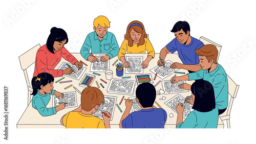 Creative Group at Table: A group of individuals engage in creative coloring at a table, a scene that brings to life artistic collaboration and joyful expression