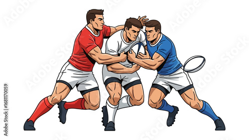Rugby Rivalry: Intense action of a rugby scrum, capturing the energy and competitive spirit of the game with dynamic illustration of the players.