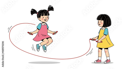 Playful Friendship: Two young girls enjoy skipping rope in this illustration, showcasing the joy of friendship and active play, perfect for themes of childhood, fun, and sports.