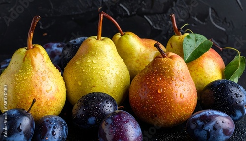 Close-up of fresh pears and plums on a dark surface.  Water droplets coat the fruit