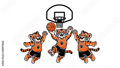 Tiger Basketball Team: A dynamic team of tiger mascots passionately playing basketball, illustrating teamwork and competition in a vivid artistic style.