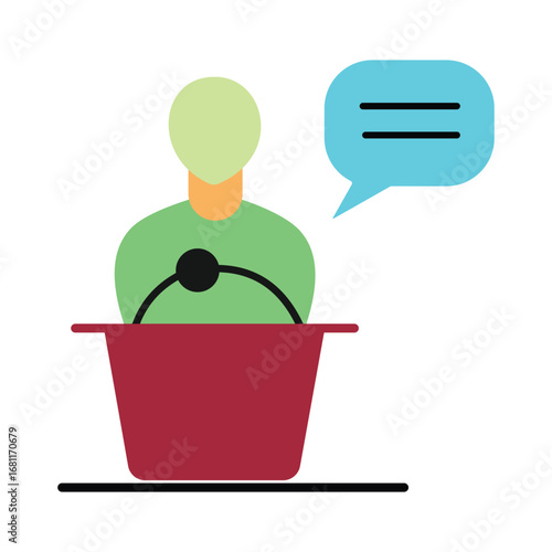 Flat design illustration of a person giving a speech with a microphone.Business leader or politician at a lectern, communication symbol.