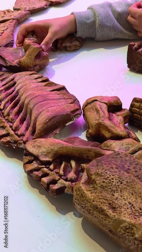 A little girl collects the bones of an ancient animal. A fun and educational activity. 