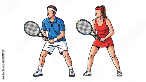 Tennis Players in Action: A dynamic illustration capturing the essence of a tennis match, with a male and female player poised in anticipation, rackets at the ready for an exciting serve.