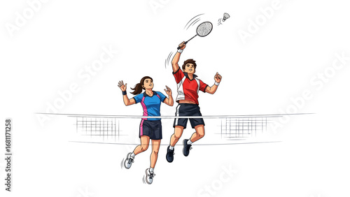 Smash in Motion: badminton players engage in a dynamic exchange, a powerful overhead smash launching the shuttlecock towards the net.